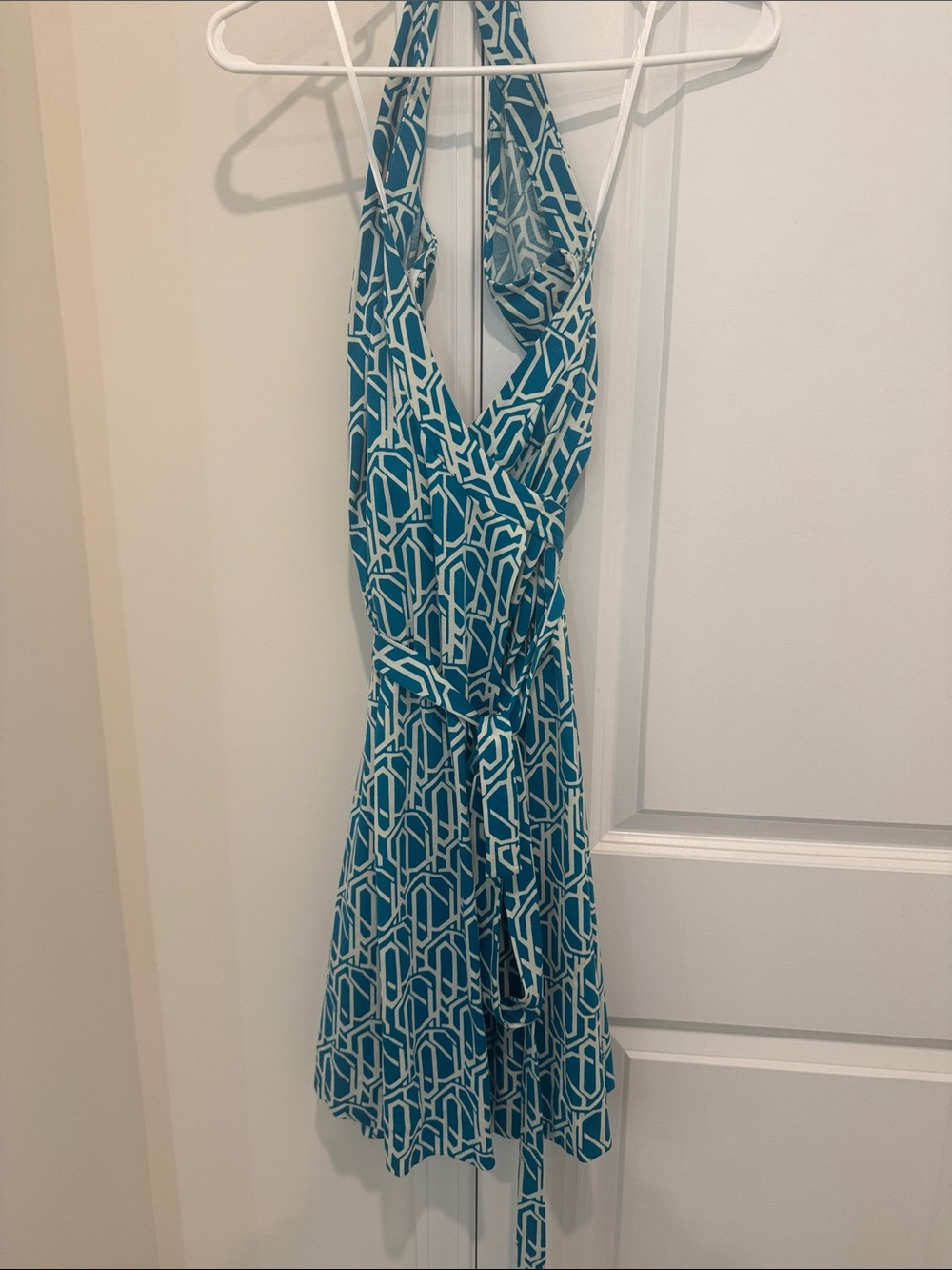 Diane Von Furstenberg Teal and White Geometric Halter Mini Dress